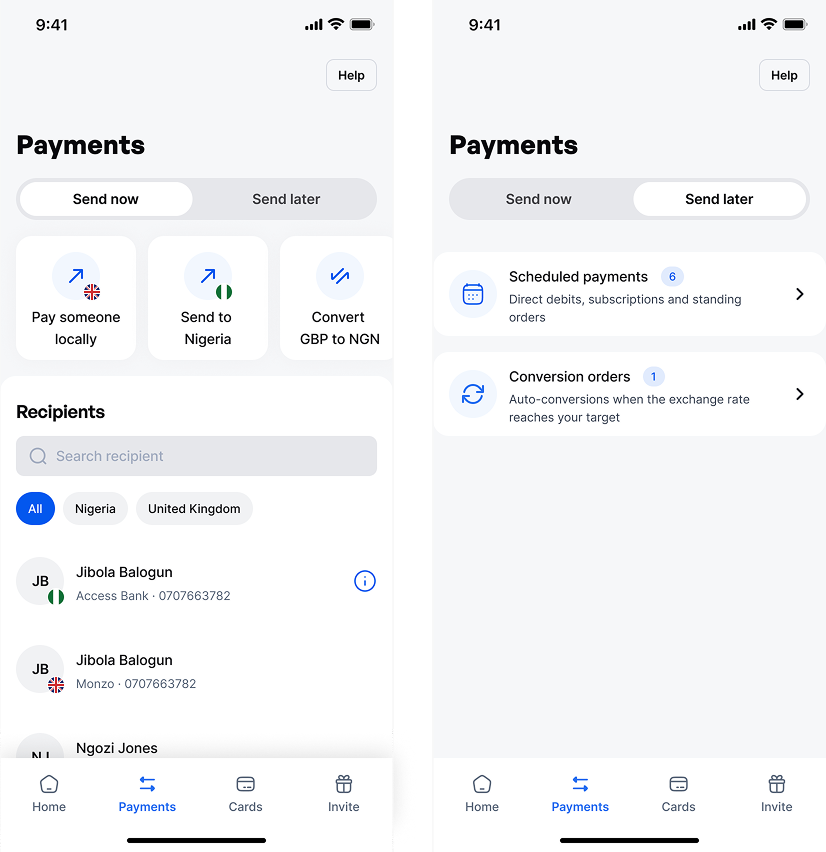 MonieWorld — redesigned Payments tab, Send now and Send later
